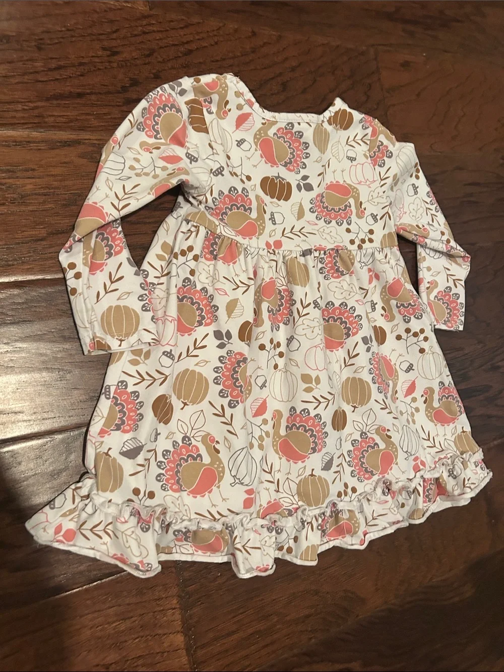 Stitchy Fish Cream Long-Sleeve Pumpkin & Turkey Print Dress